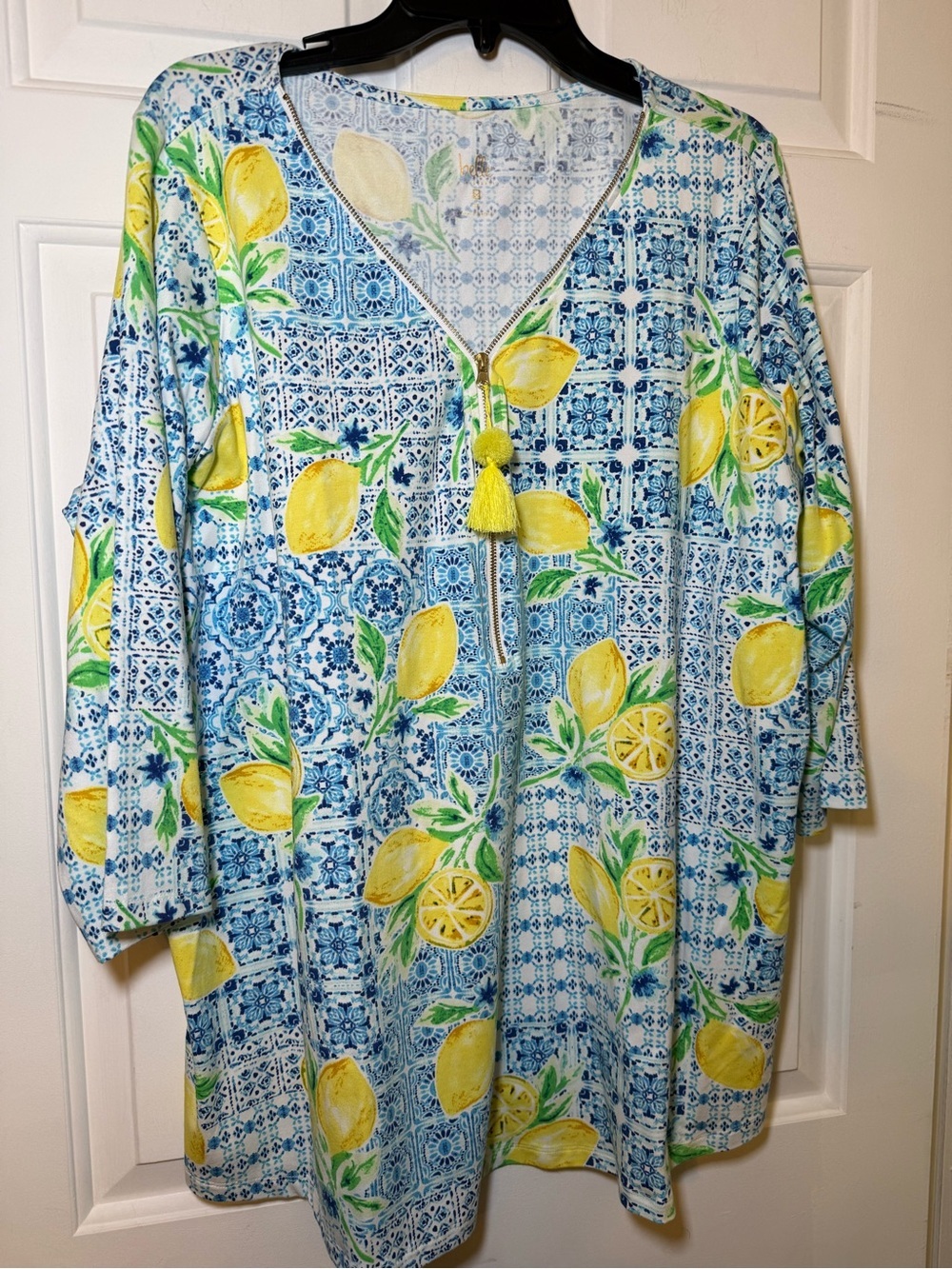 Belle Kim Gravel 2x Plus Blue Geo Lemon Motif Blouse 1/4 Zip Tassel Resortwear